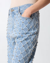 Wide-leg jeans with diamond and rhinestone motif - | Pinko