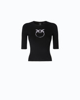 Maglia mezze maniche con logo in lana - Nero | Pinko