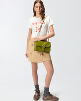 Borsa a spalla media Love Bag One in pelle e nappa chevron con tripla catena - Verde | Pinko