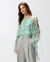Blusa in seta con stampa rose e spalle scoperte - | Pinko