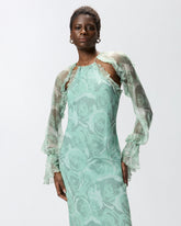 Silk midi dress with rose print and open shoulders - | Pinko