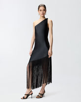 Satin one-shoulder mini dress with fringing - | Pinko