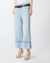 Jeans cropped con cintura in pelle - | Pinko
