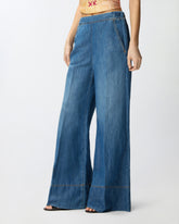 Pantaloni ampi in denim di misto lino - Azzurro | Pinko