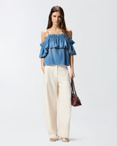 Top in denim con volant e spalle scoperte - | Pinko