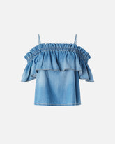 Top in denim con volant e spalle scoperte - | Pinko