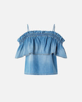Top in denim con volant e spalle scoperte - | Pinko