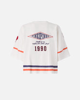 Cropped T-shirt with V-neck and branded patches - | Pinko