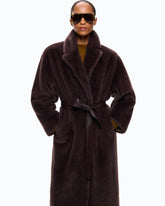 Cappotto lungo effetto pelliccia con cintura - | Pinko