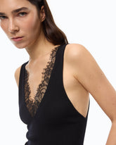 Canotta in misto seta e cashmere con scollo in pizzo - | Pinko