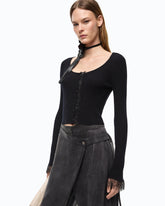 Cardigan cropped in misto seta e cashmere con pizzo - | Pinko