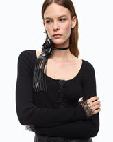 Cardigan cropped in misto seta e cashmere con pizzo - | Pinko
