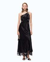 Abito lungo in satin con drappeggio e pizzo - | Pinko