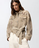 Giubbino in denim marrone con ricami gioiello -  | Pinko