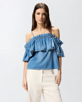 Top in denim con volant e spalle scoperte -  | Pinko